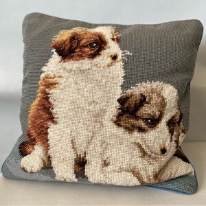 Vintage Needlepoint Saint Bernard Puppies Pillow